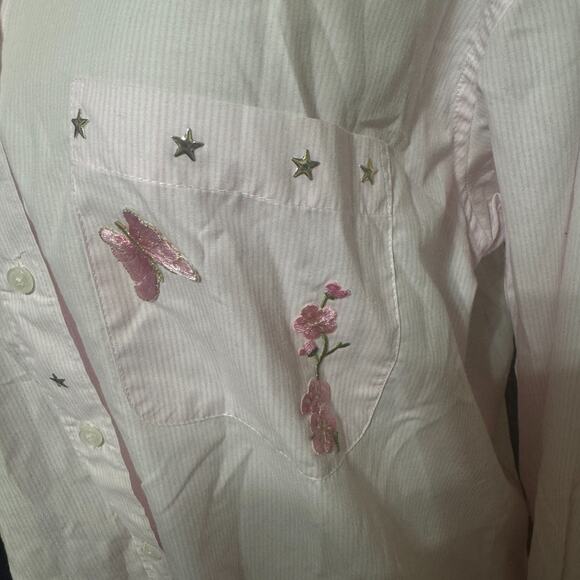Vintage 90s Las Olas Butterfly Embroidered Pink Striped Shirt Womens L button up - Picture 3 of 8